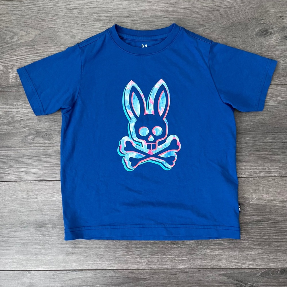 Psycho Bunny Boys Blue Graphic T-Shirt Pima Cotton Size XS 5-6 Tie Dye Logo Tee